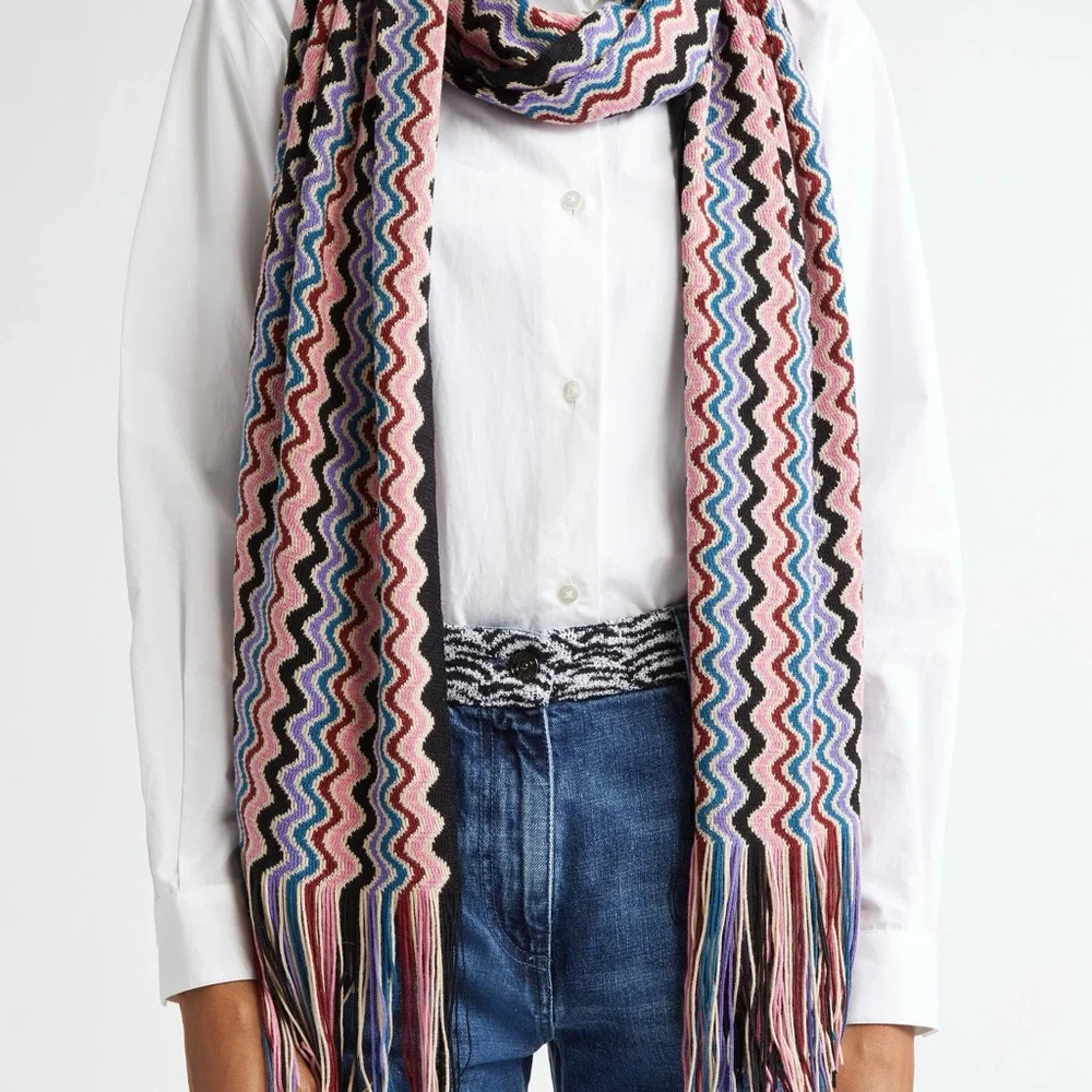 Missoni‎ Multicolor Zigzag Fringe Scarf in Pink, Navy & White